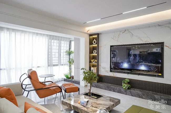 120㎡現代三居室，開放式廚房加島臺設計，這樣的橫廳布局真的很美好